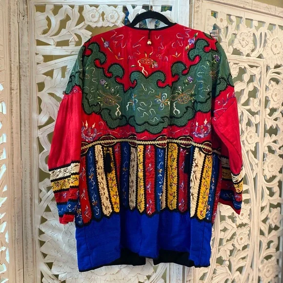 Rare Retro Embroidered Bedazzled Bright Colorful Vintage Silk Kimono Coat Jacket - Picture 6 of 13